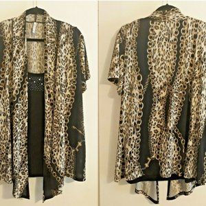 Woman's 3X Top Open Front 2in1 with Pearl/Rhinestone Adorned Brown Tank by DILA